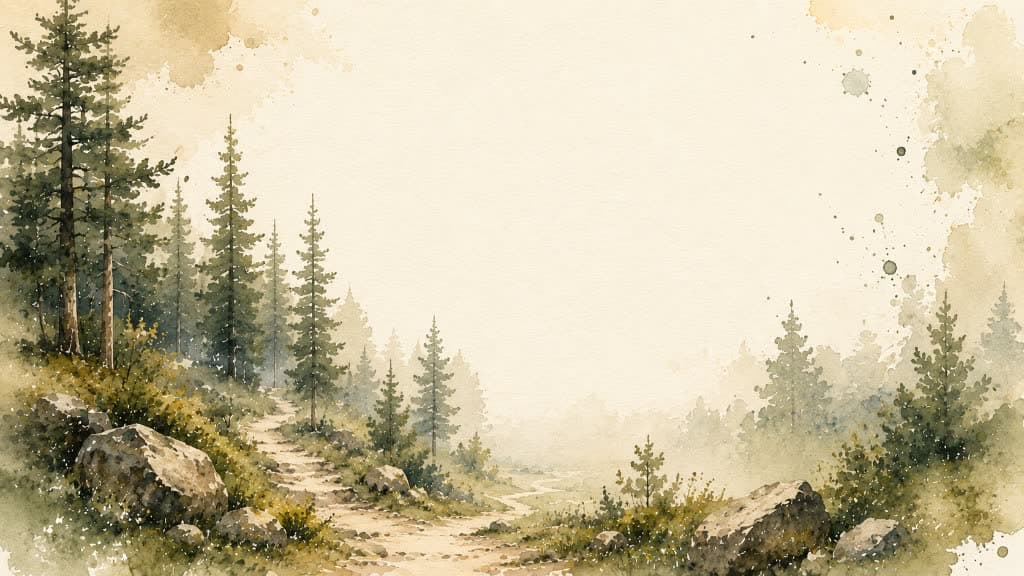 A misty pine trail dissolving into watercolor paper.