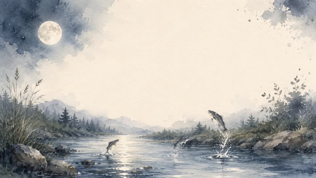 Moonlit river with leaping fish dissolving into watercolor paper.