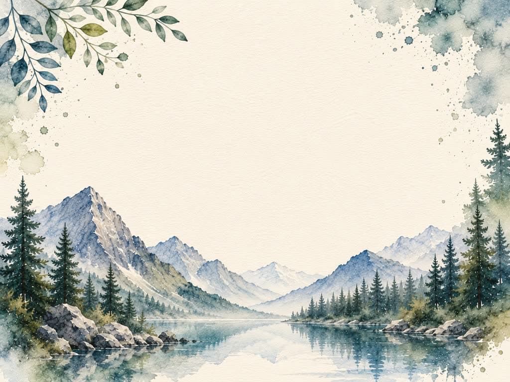 A still alpine lake mirroring the mountains, framed by watercolor leaves.