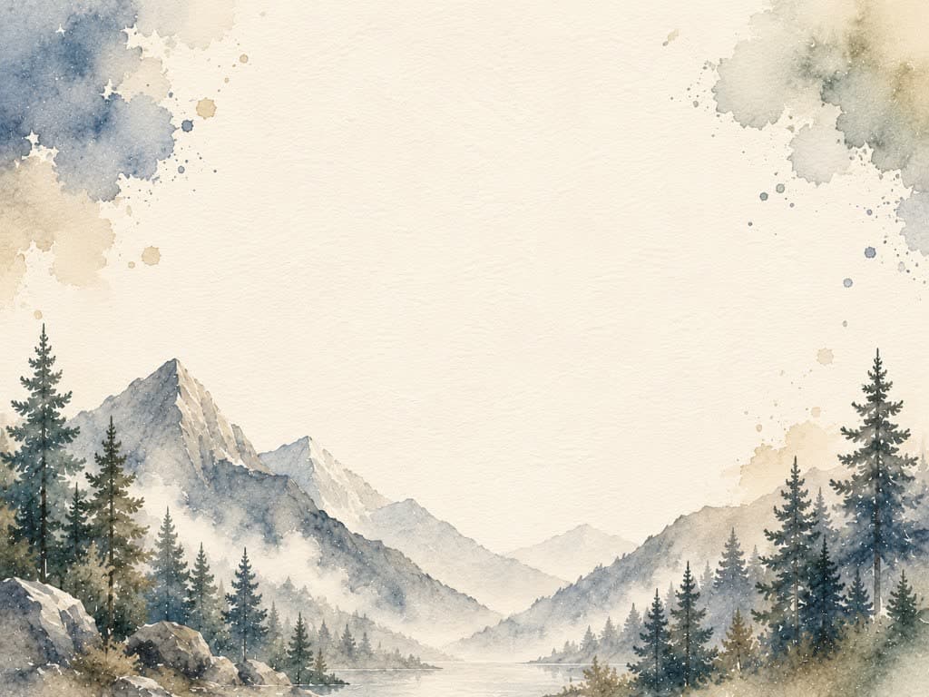 A watercolor mountain valley opening toward a distant trail.