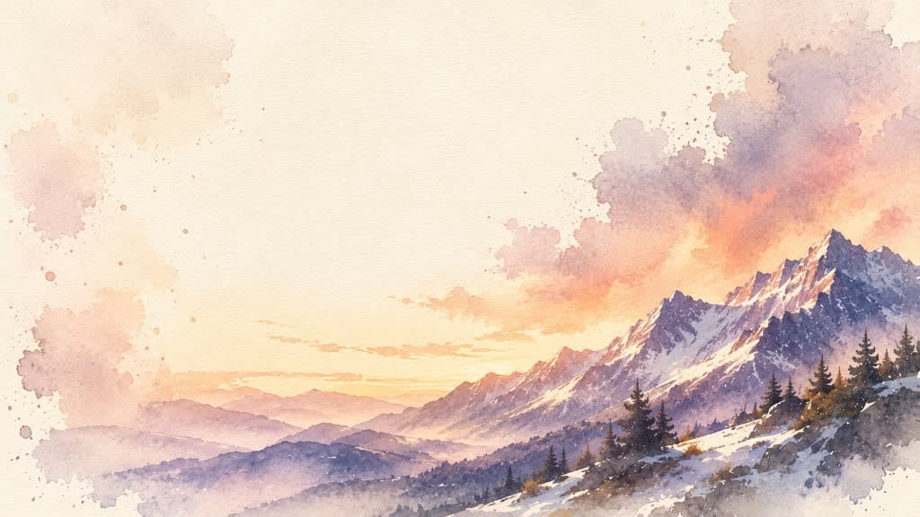 Snow-covered watercolor mountains beneath a soft pink and gold sky.