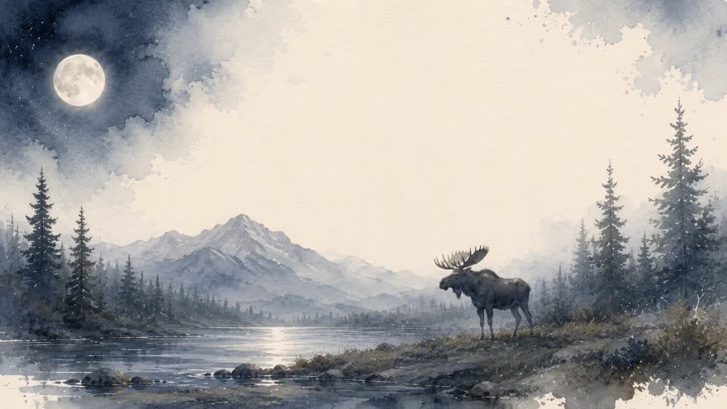 A lone moose beside a moonlit lake, watercolor mountains beyond.