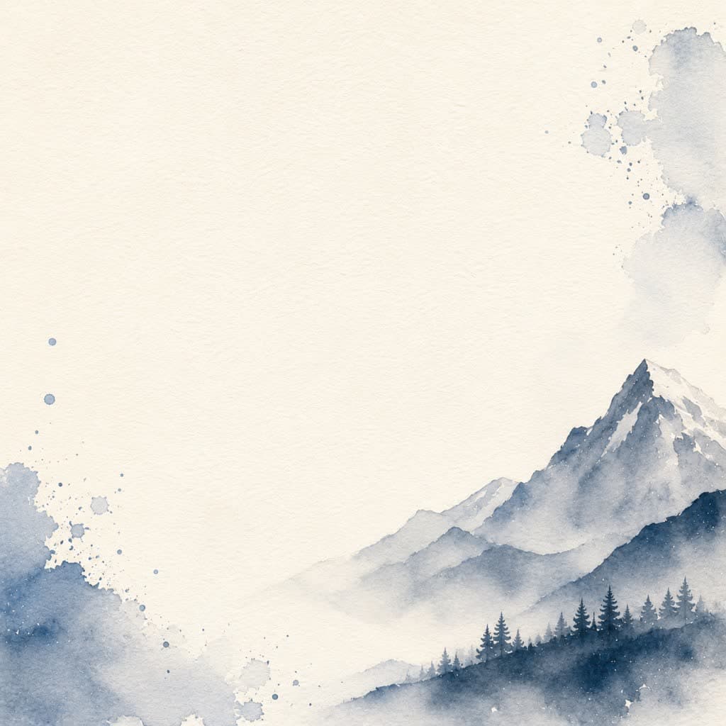 Soft blue watercolor peaks against cream paper.
