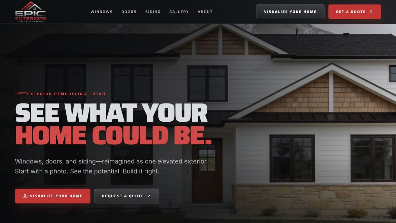 Epic Exteriors homepage showing a remodeled home and the headline See What Your Home Could Be.