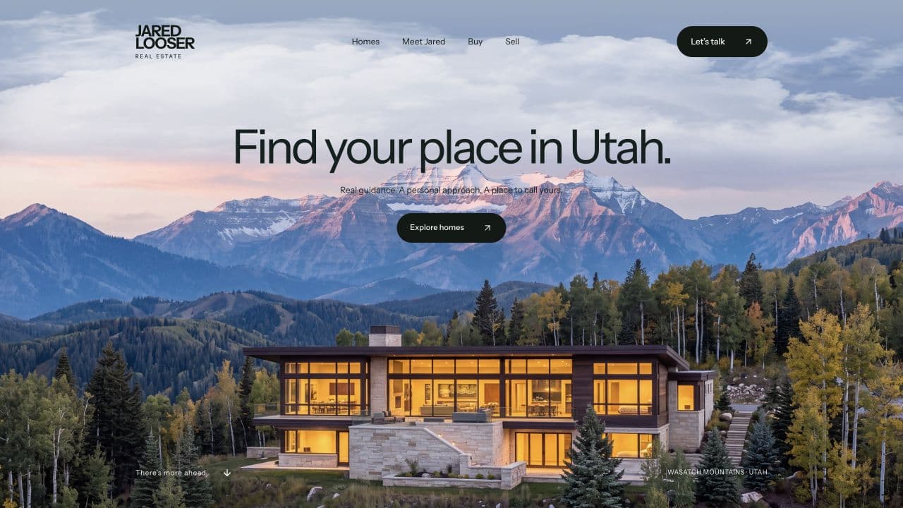 Jared Looser real estate homepage overlooking a Utah mountain home.