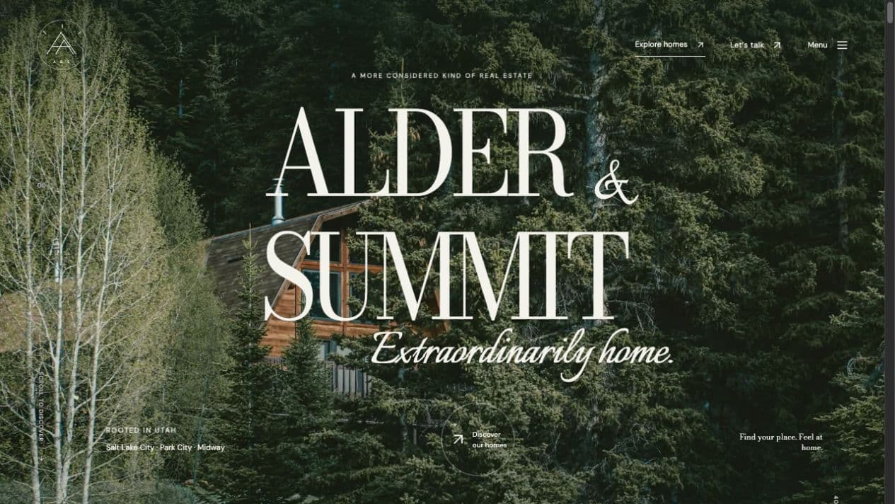 Alder & Summit real-estate demonstration homepage with a wooded cabin.