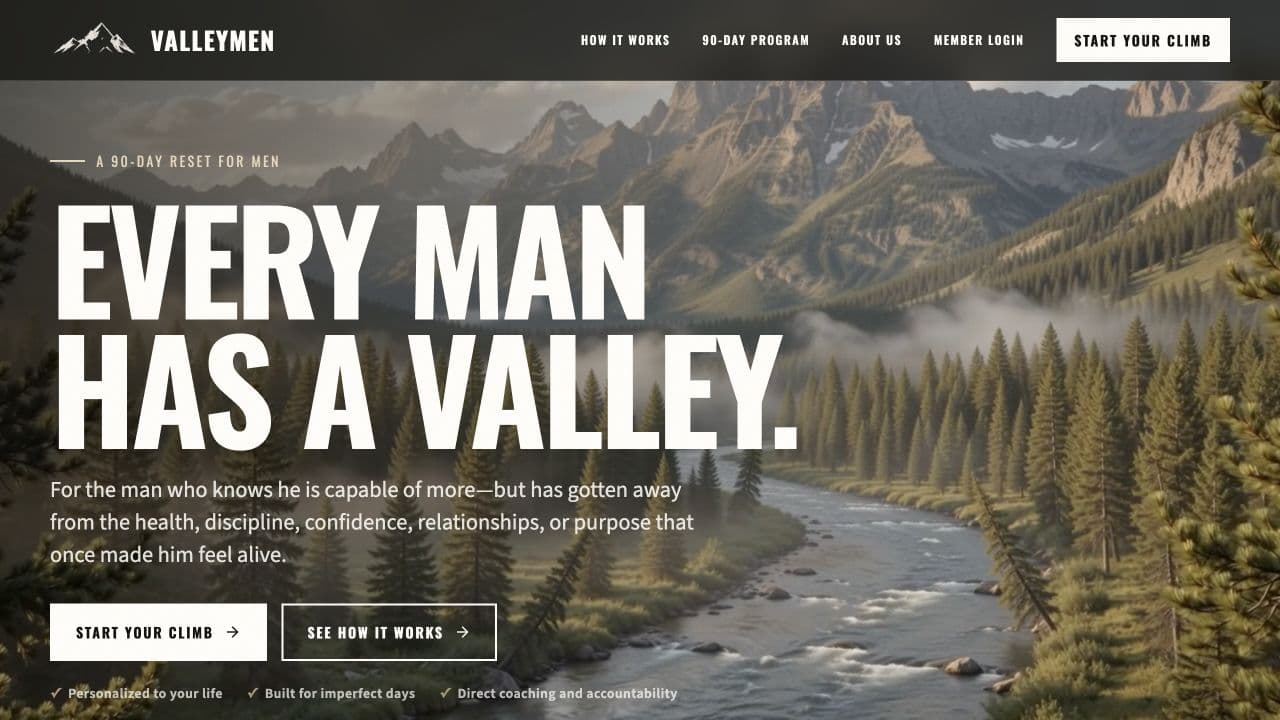 ValleyMen homepage with a mountain valley and the headline Every Man Has a Valley.