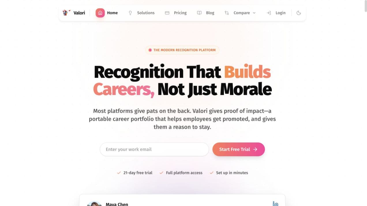 Valori homepage introducing recognition that builds careers.
