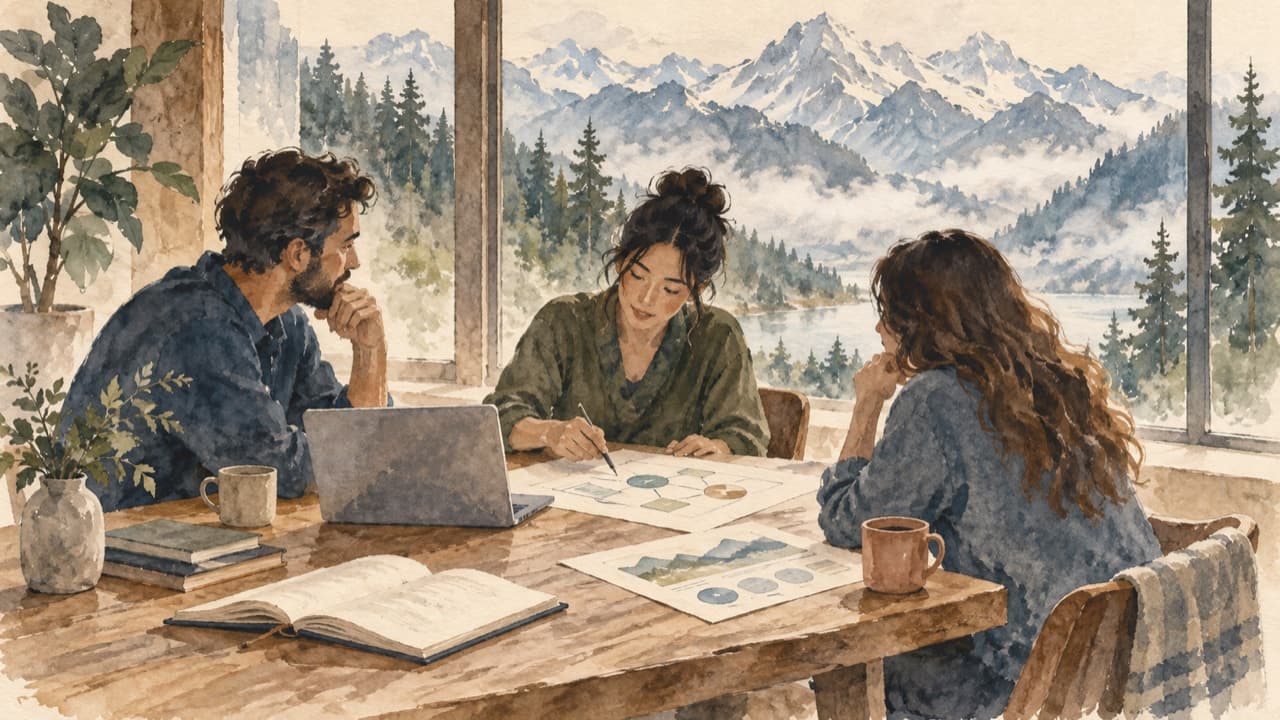 Watercolor illustration of a collaborative working session with notebooks, a laptop, and mountain views.
